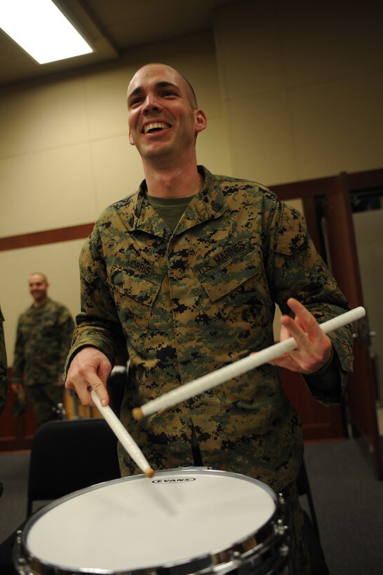Sgt. Nate Morris, Drum and Bugle Corps snare drummer, practices new music Jan. 18. With the new year comes new music and preparation for the National Installations Tour, which begins in March, when the D&B will travel to numerous Marine Corps installations across the country to perform.